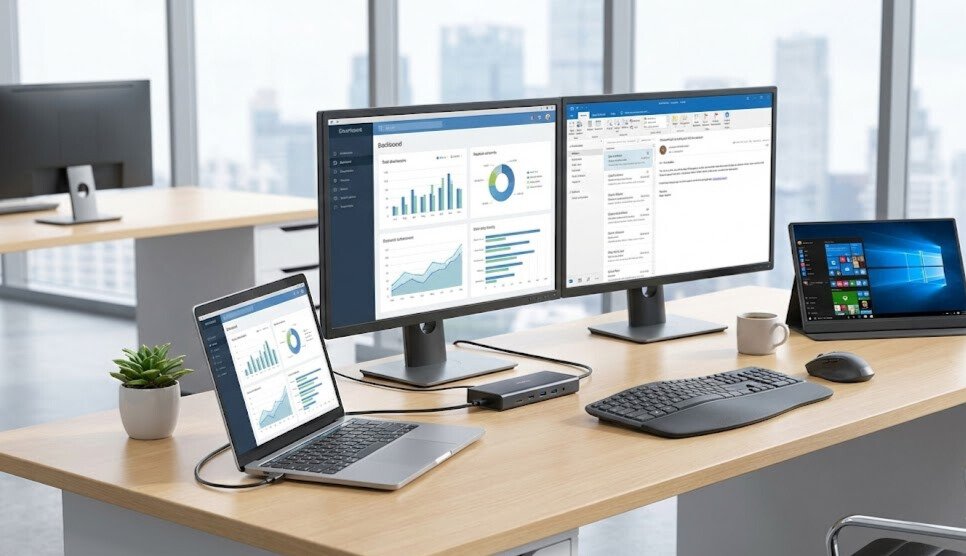 Multi-monitor workstation using a laptop docking station for business and IT teams